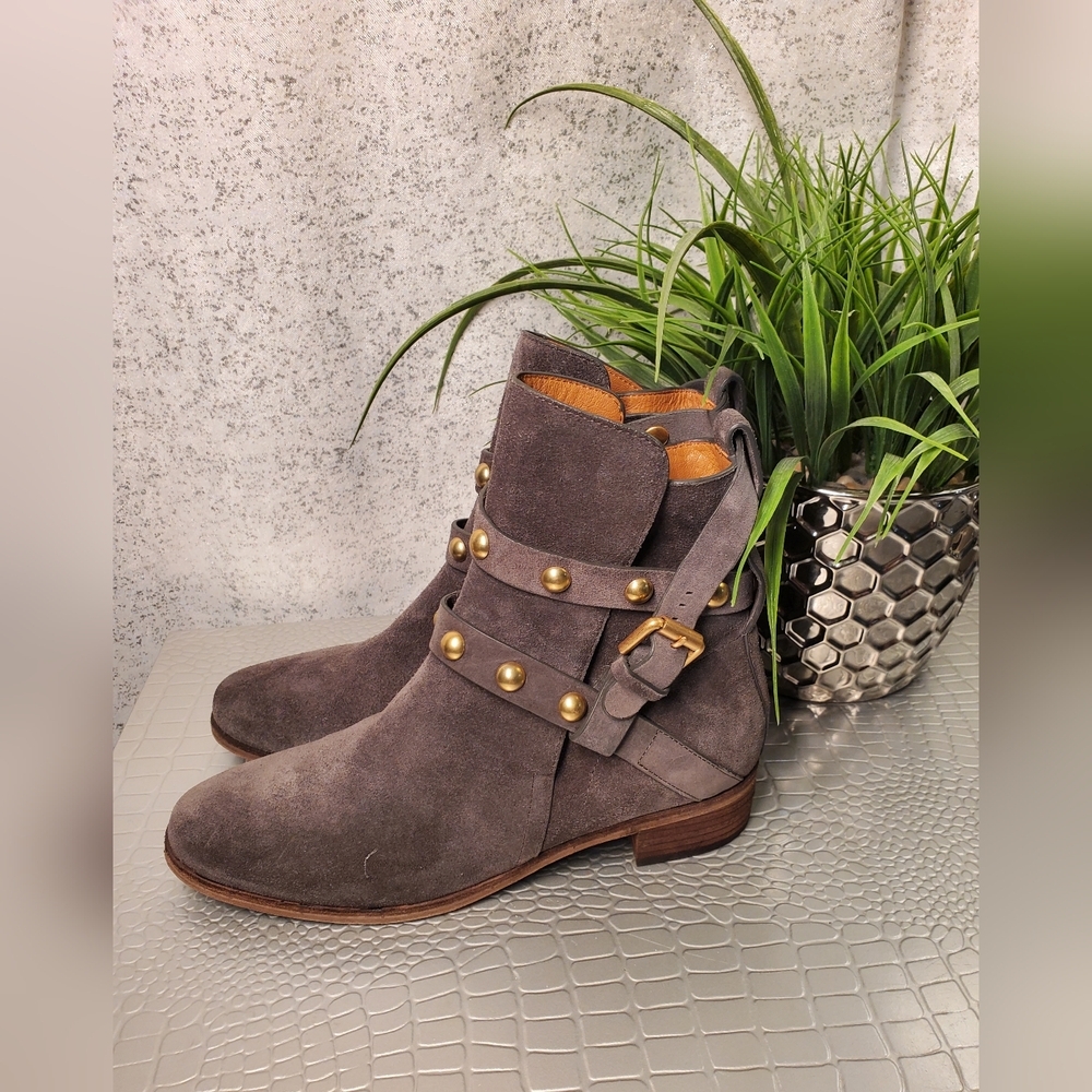 See By Chloé Studded Accents Suede Moto Boots Gray Size 39